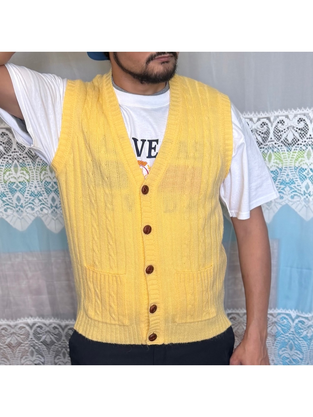 Vintage Hudson’s Men’s Cable Knit Button Front Sweater Vest Butter Yellow Size L